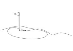 a single line drawing of a golf course with a flag on the tee and water behind it