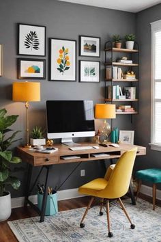 a home office with yellow chairs and pictures on the wall above it, along with a green chair