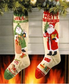 two christmas stockings hanging from a mantel