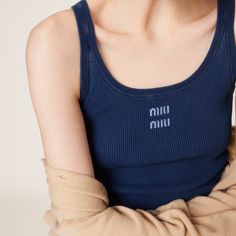 Find MIU MIU Knit Tank Top on Editorialist. Ribbed knit Skinny fit Ribbed knit scoop neck Intarsia logo Garment dyed Casual Miu Miu Tops For Spring, Miu Miu Tank Top, Miu Miu Knit, Luxury Fitted Fine Knit Tank Top, Casual Miu Miu Short Sleeve Tops, Luxury Knit Sleeveless Tank Top, Luxury Stretch Knit Tank Top, Miu Miu Top, Tank Top Outfits