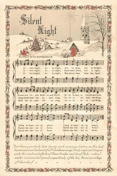 an old sheet with music notes on it and a christmas tree in the background,