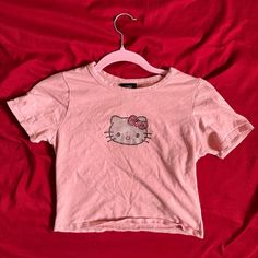 Size Medium, But Fits A Small As Well Brand New Just A Bit Wrinkled From Being In The Closet For A While Fitted Hello Kitty Top For Spring, Fitted Hello Kitty Tops For Spring, Hello Kitty Y2k Summer Top, Spring Fitted Hello Kitty Tops, Fitted Hello Kitty Tops, Hello Kitty Crop Top, Barbie Party Decorations, Sanrio Pink, Kitty Clothes