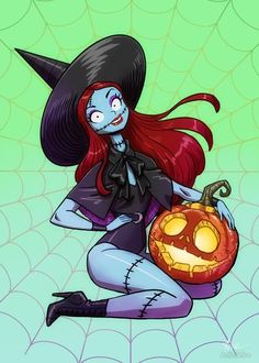 a cartoon character holding a pumpkin in her hand