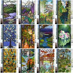 twelve stained glass panels with trees, flowers and watercolors on them in different colors