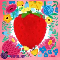 a red strawberry surrounded by colorful flowers and ladybugs on a pink background with the words peson com