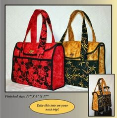 two handbags are shown with the same pattern as each bag, and one has a zipper