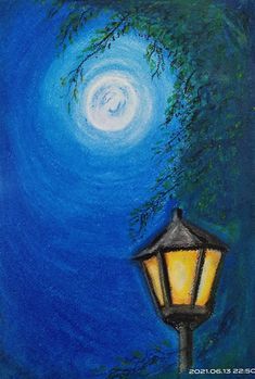 a painting of a lamp post with a full moon in the background