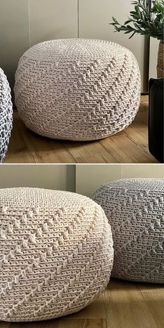 two photos of the same round knitted ottoman