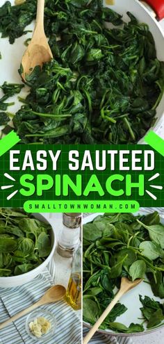 spinach being cooked in a skillet with wooden spoons and tomatoes on the side