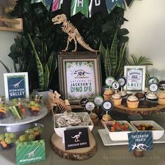 a dinosaur themed birthday party with cupcakes and desserts