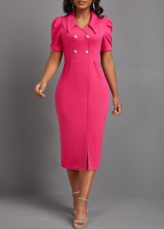 Pink Buttoned Midi Dress For Party, Fitted Bodycon Dress With Buttons, Fitted Knee-length Bodycon Dress With Buttons, Pink Buttoned Office Dress, Pink Buttoned Knee-length Midi Dress, Knee-length Bodycon Dress With Button Closure, Pink Knee-length Buttoned Midi Dress, Pink Knee-length Midi Dress With Buttons, Fitted Midi Dress With Side Buttons