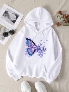 Women's Hoodie Fashion Casual Hoodie Preppy Color Butterfly Print Autumn And Winter Warm Sports White Casual  Long Sleeve Polyester Animal,Cartoon,Geometric,Letter,Butterfly,Textured Pattern Pullovers Slight Stretch All Women Clothing, size features are:Bust: ,Length: ,Sleeve Length: Hoodies Womens Fashion, Female Tops, Printed Hoodies, Thermal Hoodie, Stylish Hoodies, Cute Dress Outfits, Women Sweatshirts, Mode Casual, Cartoon Outfits