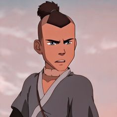 an animated man with a shaved head stares into the distance while standing in front of a cloudy sky