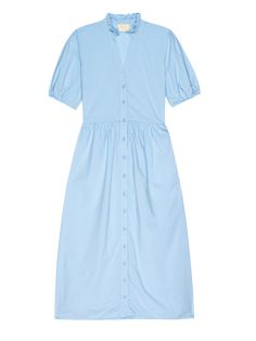 One and done (and out the door). Exaggerated short sleeves, ruffle detail around the notched neckline, a slightly gathered waist, and a breezy silhouette. (This one comes in Shirting.) | Liliya Dress in Shirting | Ethical Essentials One And Done, Notched Neckline, The Door, Short Sleeves