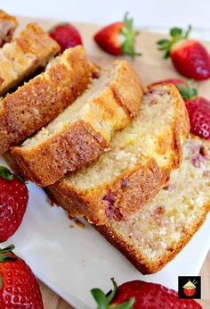 slices of pound cake on a plate with strawberries