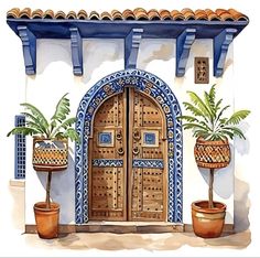 a watercolor painting of an entrance to a house with potted plants on the outside