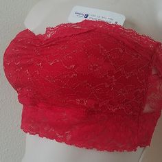 Shaped Cups Sewn Into Bra Ruching At Bustline Lined In The Front But Not The Back Soft And Stretchy Red Crop Top With Built-in Bra For Party, Red Bandeau Tube Top With Built-in Bra, Lace Strapless Tube Top Bra Friendly, Lace Strapless Bra-friendly Tube Top, Lace Bra-friendly Strapless Tube Top, Bra Friendly Lace Strapless Tube Top, Red Strapless Fitted Crop Top, Red Fitted Strapless Crop Top, Bra-friendly Lace Bandeau Tube Top