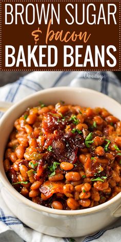 brown sugar and bacon baked beans in a white bowl