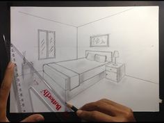 someone is drawing a bedroom with a pencil