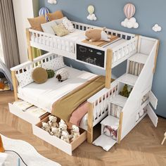 a child's bedroom with two bunk beds and a staircase bed in the middle