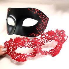 Choose this Red Black Masquerade Masquerade couples set for your next Holiday Party. Enjoy your evening with this elegant couples set in Red and Black colors. This couple's Masquerade Mask pairing complements any formal attire you choose for your masquerade Ball event. I N C L U D E D Available for purchase individually or as a couple's set. Masks come with matching double sided satin ribbons attached. S H I P P I N G - Last minute masquerade mask shopping? Processed same day or within 24 hours. Artistic Red Masquerade Mask For Mardi Gras, Artistic Red Masks For Costume Party, Artistic Red Mask For Costume Party, Handmade Black Masquerade Mask For Halloween, Red Eye Mask For Masquerade, Red Eye Mask As Gift, Red Eye Mask As A Gift, Red Eye Mask For Gift, Handmade Red Masks And Prosthetics For Masquerade