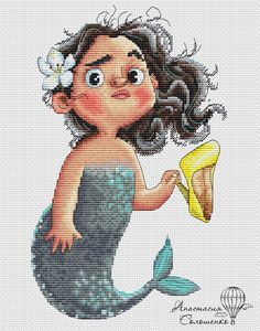 a cross stitch mermaid with a banana in her hand