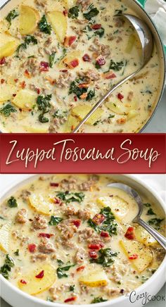 Zuppa Toscana soup with ground sausage, kale, bacon bits and potatoes Zappa Toscana, Copycat Olive Garden Zuppa Toscana, Copycat Olive Garden Zuppa, Olive Garden Zuppa Toscana Soup, Olive Garden Zuppa, Simple Ingredient Recipes, Olive Garden Zuppa Toscana, Cozy Cook, Copycat Olive Garden