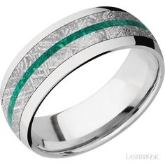 men's wedding band with green and white inlays, made from 18k white gold