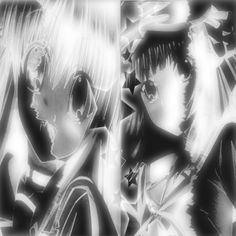 two anime characters in black and white with one holding the other's head to his side