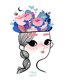 a woman's face with flowers on her head and the words free spirit above it