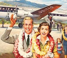 a man and woman standing in front of an airplane