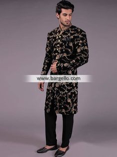 Classy Bespoke Sherwani For Groom Barking London UK Embroidered Sherwani Long Sleeve Churidar For Reception, Designer Salwar Kameez With Resham Embroidery And Long Sleeves, Designer Long Sleeve Salwar Kameez With Resham Embroidery, Fitted Sherwani With Long Sleeves For Reception, Fitted Sherwani For Reception With Long Sleeves, Designer Long Sleeve Sets With Dupatta, Fitted Long Sleeve Sherwani For Reception, Designer Fitted Kurta With Dabka Work, Designer Fitted Salwar Kameez With Zari Work