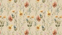 watercolor flowers and leaves on a beige background