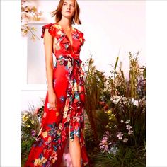 Alexis Janna Floral Wrap Dress Red Floral Print Midi Dress For Evening, Elegant Red Floral Midi Dress, Red Floral Dress For Garden Party, Chic Red Floral Summer Dress, Red Floral Print Midi Dress For Garden Party, Red Floral Ruffle Dress For Spring, Chic Red Floral Dress For Summer, Red Floral Print Evening Dress, Chic Red Floral Dress