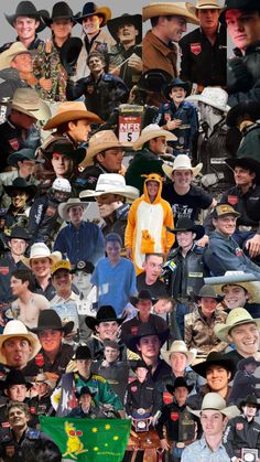 a collage of many different people wearing hats and jackets, all with flags on them