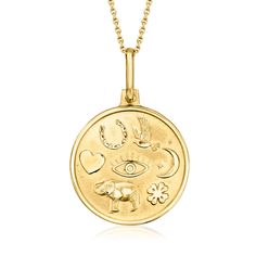 Ross-Simons - Italian 14kt Yellow Gold Lucky Charms Round Pendant Necklace. 18". Good luck is sure to come your way when you're wearing this 14kt yellow gold round pendant necklace from Italy! Features all the on-trend symbols you love including a horseshoe, a dove, a moon with stars, a clover, an elephant, a heart and an evil eye. Suspends from a classic cable chain. Matte and polished finishes. Lobster clasp, 14kt yellow gold lucky charms round pendant necklace. Symbolic Yellow Gold Charm Necklace With Coin Pendant, 14k Gold Round Pendant Charm Necklace For Good Luck, Symbolic Yellow Gold Medallion Charm Necklaces, Yellow Gold Medallion Charm Necklace 14k, Yellow Gold Charm Necklaces With Polished Finish, Polished Finish Yellow Gold Charm Necklace, 14k Gold Symbolic Charm Necklace With Round Pendant, Symbolic Yellow Gold Charm Necklace, Moon With Stars