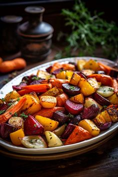 a plate full of roasted vegetables on a table