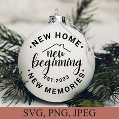 a white ornament with the words new home, new beginning and new memories on it