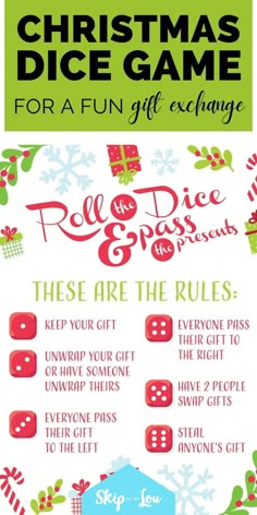 the christmas dice game for a fun gift exchange is shown in red, green and blue