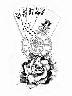 a black and white drawing of playing cards with roses on the table next to it