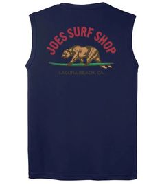 Get your Joe's Surf Shop Surfing Bear Sleeveless Graphic Workout Tee today. Made of the finest polyester, you will not be able to find a more comfortable workout tee anywhere else. This sleeveless graphic workout tee is perfect for those who are trying to balance looking good in the gym and sweat proof comfort. 3.8-ounce, 100% polyester Moisture wicking Lightweight and breathable Free shipping on orders $65+ Casual Sleeveless Activewear With Graphic Print, Athleisure Crew Neck Tops For Surfing, Sporty Sleeveless Tops For Outdoor Activities, Sleeveless Moisture-wicking Activewear For Outdoor Activities, Summer Sleeveless Tank Top For Outdoor Activities, Sleeveless Tank Top For Outdoor Summer Activities, Sporty Sleeveless Muscle Tee With Graphic Print, Casual Sleeveless Graphic Print Activewear, Sports Tank T-shirt With Moisture-wicking