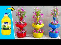 an image of flower pots with flowers in them and a bottle of cleaner next to it