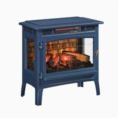 an electric stove with the door open and fire burning in it's side burner