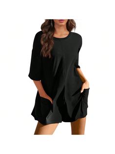 BZB Rompers For Women 2024 Summer Athletic Oversized Romper Short Sleeve Jumpsuit Black Casual  Half Sleeve  Plain Tee   Women Clothing, size features are:Bust: ,Length: ,Sleeve Length: Black Tops With Pockets For Loungewear, Black Beach Tops With Pockets, Black Tops With Side Pockets For Loungewear, Black Top With Side Pockets For Summer, Black Summer Tops With Side Pockets, Oversized Black Tops With Side Pockets, Oversized Romper, Summer Athletic, Short Sleeve Jumpsuit