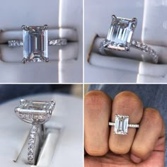 three different views of an engagement ring with diamonds