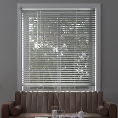 a living room with a couch, coffee table and large window covered in shades of grey