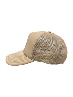 an image of a trucker hat with mesh on the front and side, in beige