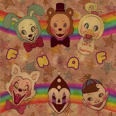 some cartoon characters are on a rainbow colored background with the word f o f written below them