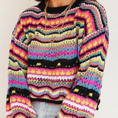 This Gorgeous Sweater Features An Array Of Bright Eye-Catching Colors In A Crochet Pattern And Bell Sleeves Making For A Unique And Trendy Piece. -We Ship Right From Our Small Business Boutique In Pennsylvania. -We Always Try To Put Washes And Colors In The Title Or Description Of The Item. Colors May Vary Due To Lighting Of A Picture. -All Of Our Items Are New With Tags And Are Never Wore Or Used. Thank You For Checking Out Our Boutique! We Appreciate All Of You And Hope You Enjoy Our Pieces! Y Crochet Coogi Sweater Pattern, Small Business Boutique, Business Boutique, Coogi Sweater, 80s Sweater, Golden Tan, Bright Eye, Sweater Pattern, Crochet Sweater