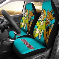 the interior of a car with cartoon characters on it